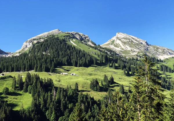 Schiberg Montaña Sobre Valle Wagital Lago Alpino Wagitalersee Waegitalersee Innerthal —  Fotos de Stock