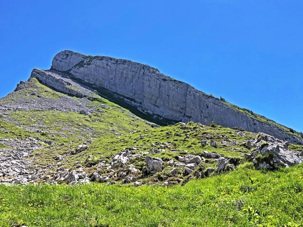 Alpejski Szczyt Górski Plattenberg Nad Doliną Wathe Lub Waethe Jeziorem — Zdjęcie stockowe