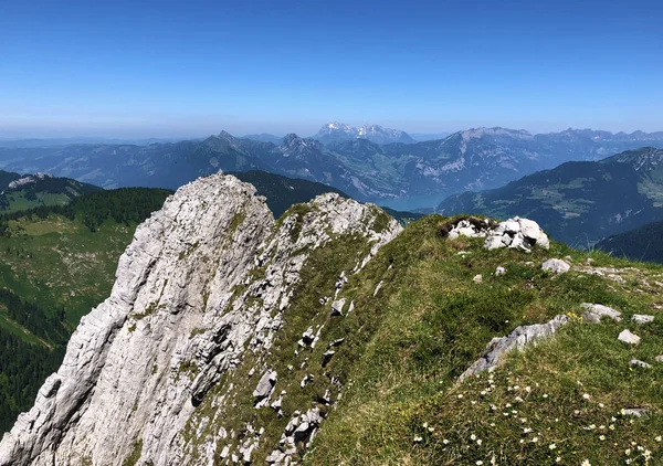 Montagna Alpina Brunnelistock Bruennelistock Sopra Lago Alpino Wagitalersee Waegitalersee Innerthal — Foto Stock