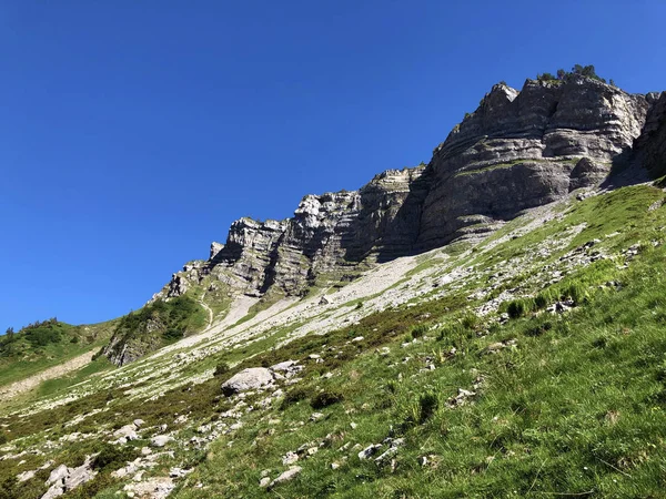 瑞士Schwyz州Innerthal市Wagital山谷上方的Lachenstock山和Wagitalersee高山湖 Waegitalersee — 图库照片