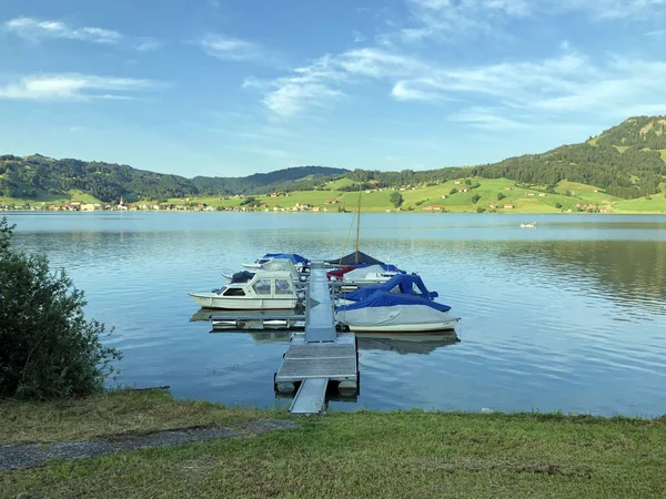 Barcos Lago Artificial Sihlsee Einsiedeln Cantón Schwyz Suiza —  Fotos de Stock