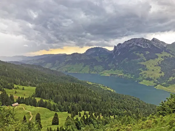 Paisagem Alpina Lago Wagitalersee Waegitalersee Vale Wagital Waegital Innerthal Cantão — Fotografia de Stock