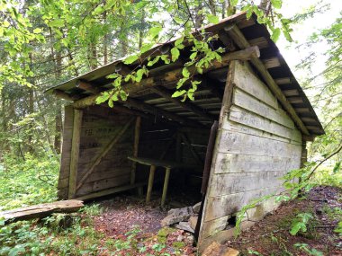 Sihltal Vadisi 'ndeki geleneksel mimari ve çiftlik evleri ve Sihlsee Gölü, Studen - Schwyz Kantonu, İsviçre