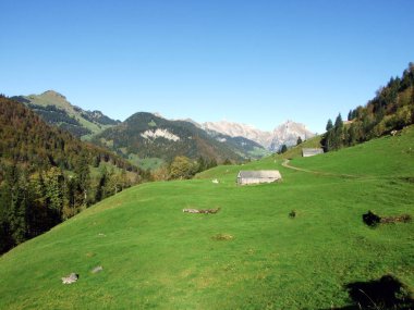 Churfirsten Dağları 'ndaki geleneksel mimari ve çiftlik evleri ve Toggenburg bölgesinde, Starkenbach - St. Gallen, İsviçre Kantonu