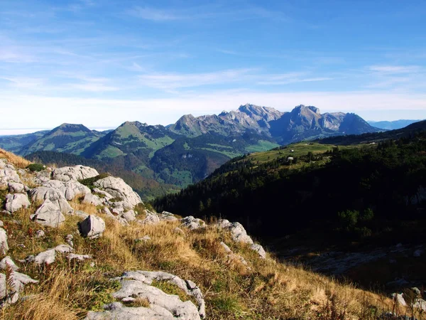 Widok Alpstein Pasma Górskiego Churfirsten Regionie Toggenburg Starkenbach Kanton Gallen — Zdjęcie stockowe