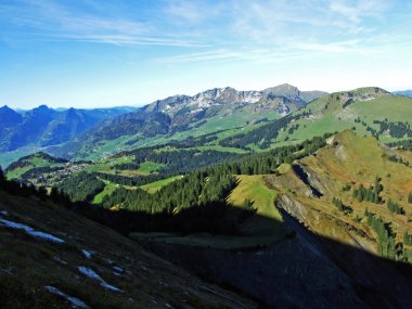 Panorama from the alpine peak Leistchamm situated above the Wahlensee Lake and in the Churfirsten mountain range, Starkenbach - Canton of St. Gallen, Switzerland