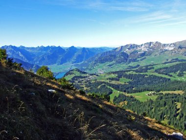Panorama from the alpine peak Leistchamm situated above the Wahlensee Lake and in the Churfirsten mountain range, Starkenbach - Canton of St. Gallen, Switzerland
