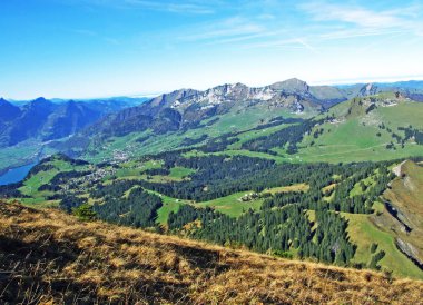 Panorama from the alpine peak Leistchamm situated above the Wahlensee Lake and in the Churfirsten mountain range, Starkenbach - Canton of St. Gallen, Switzerland