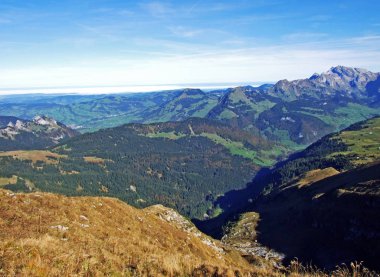 Panorama from the alpine peak Leistchamm situated above the Wahlensee Lake and in the Churfirsten mountain range, Starkenbach - Canton of St. Gallen, Switzerland