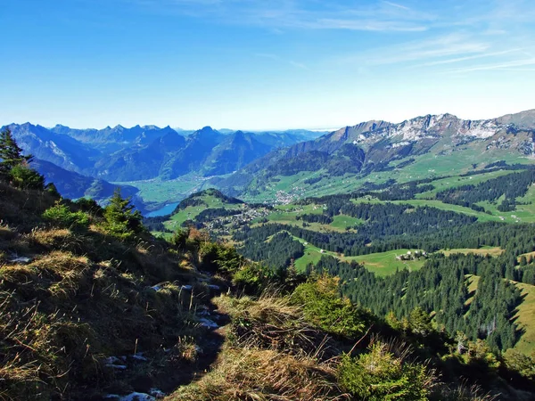 位于瑞士圣加仑州Starkenbach的Wahlensee湖上和Churfirsten山脉的Leistchamm高山峰的全景 — 图库照片