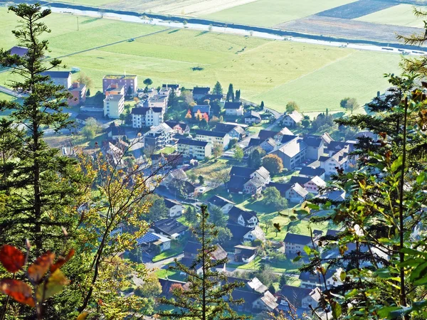 Ruthi Eller Ruethi Vid Foten Alpina Bergskedja Och Rhendalen Rheintal — Stockfoto