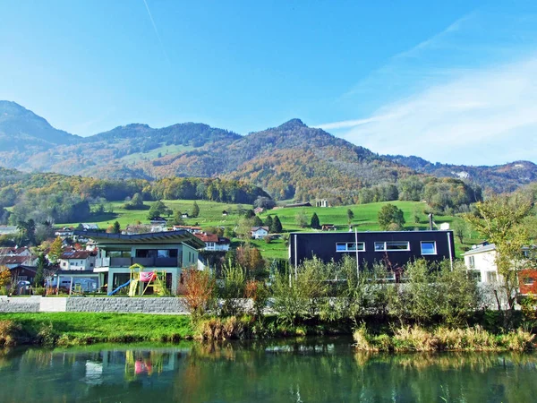 Village Ruthi Ruethi Foot Alpstein Mountain Range Rhine River Valley — Stock Photo, Image