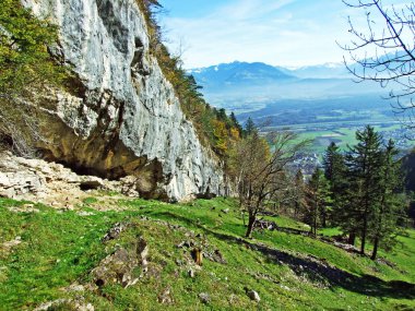 Alpstein Dağı ve Ren Nehri Vadisi 'ndeki (Rheintal) taş ve kayalar - İsviçre' nin St. Gallen Kantonu (Sg)
