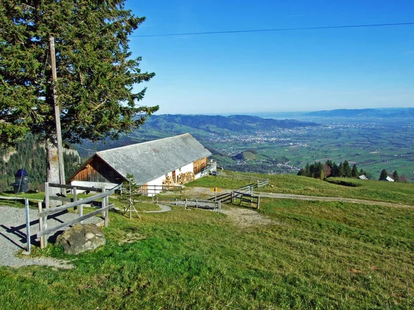 Rural Traditional Architecture Livestock Farms Slopes Alpstein Mountain Range Rhine — Stock Photo, Image