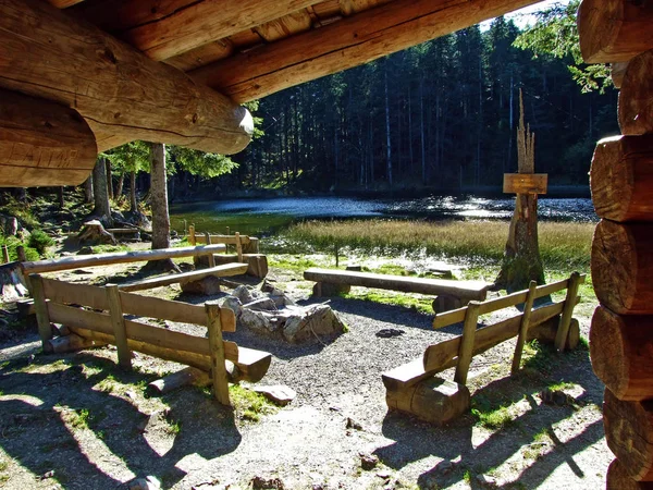 Picnic place with outings spot by the lake Forstseeli in the Alpstein mountain range and above the Rhine river valley (Rheintal), Oberriet SG - Canton of St. Gallen, Switzerland