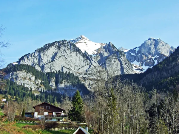 Vista Cordillera Alpstein Desde Valle Del Río Thur Región Toggenburg —  Fotos de Stock