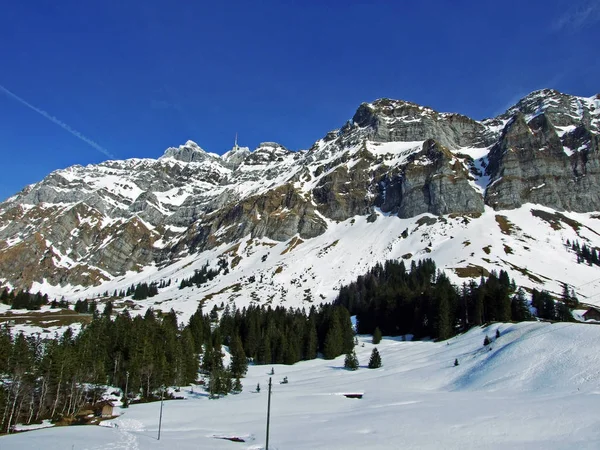Piękny Dominujący Szczyt Górski Sntis Santis Lub Saentis Alpstein Kanton — Zdjęcie stockowe
