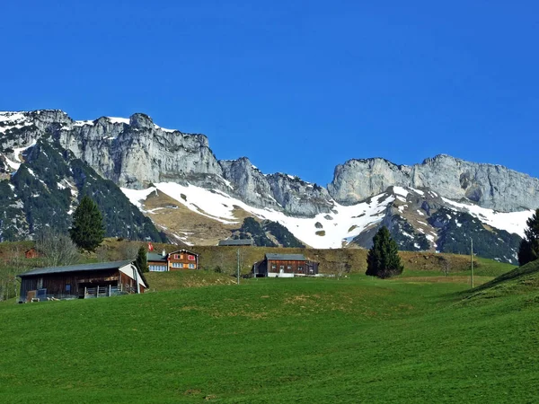 Hagyományos Építészet Tanyák Svájci Alpok Lejtőin Thur Folyó Völgyében Wildhaus — Stock Fotó