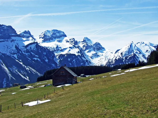 Tradiční Architektura Statky Svazích Švýcarských Alp Údolí Řeky Thur Wildhaus — Stock fotografie