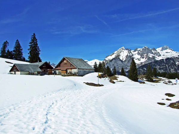 Traditionele Architectuur Boerderijen Hellingen Van Zwitserse Alpen Het Dal Van — Stockfoto