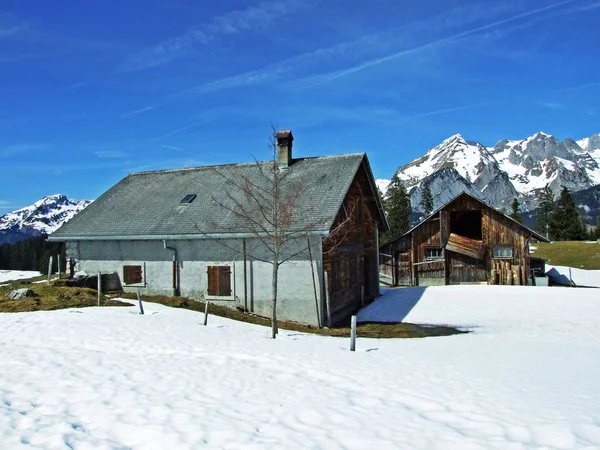 Traditionele Architectuur Boerderijen Hellingen Van Zwitserse Alpen Het Dal Van — Stockfoto