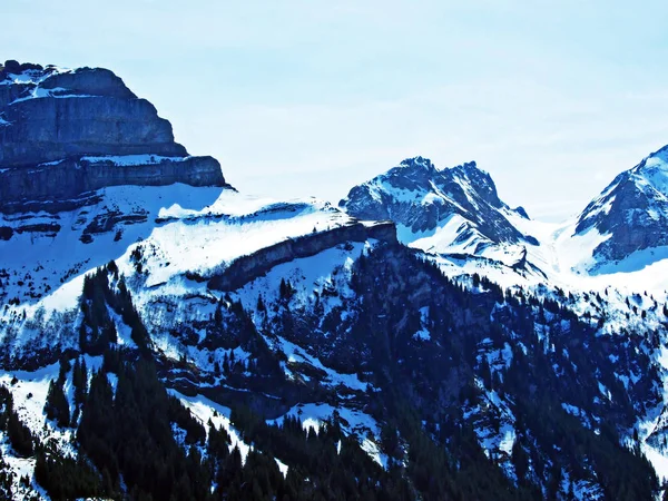 Snow Covered Alpine Peaks Alvier Group Mountain Range Wildhaus Canton — Stock Photo, Image