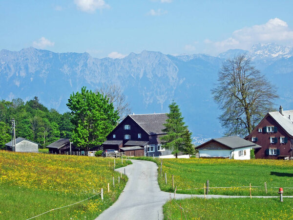 Traditional architecture and farmhouses on the slopes of the Alpstein massif and in the Rhine valley (Rheintal), Gams - Canton of St. Gallen, Switzerland