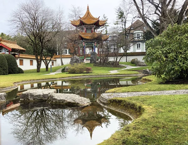 Chinese-style buildings in the Chinese garden (Chinagarten) and along the Lake Zurich (Zurichsee or Zuerichsee) - Zurich or Zuerich, Switzerland