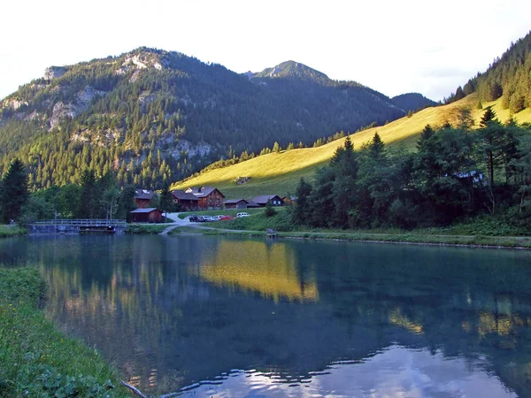 Lago Ganglesee Gaenglesee Córrego Valunerbach Valuenerbach Nos Alpes Liechtenstein Steg — Fotografia de Stock