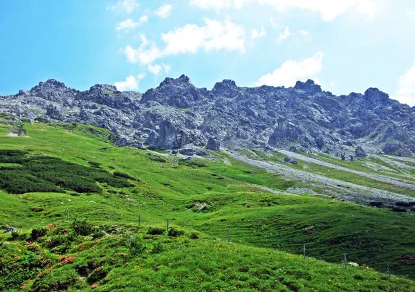 Klippor Och Stenar Bergskedjan Liechtenstein Alperna Och Över Malbuntaldalen Malbun — Stockfoto