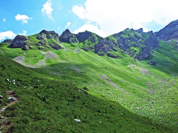 Pohled Malebné Vrcholky Lichtenštejnského Horského Masivu Naaftalského Alpského Údolí Steg — Stock fotografie
