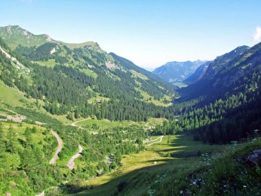 Resimli Naaftal Alp Vadisi 'nin sonunda ve Lihtenştayn Dağları' nda Steg, Lihtenştayn 'da geniş çayırları olan tenha bir çiftlik.
