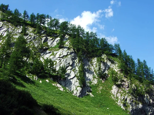 Rochas Pedras Maciço Montanhoso Dos Alpes Liechtenstein Sobre Vale Alpino — Fotografia de Stock