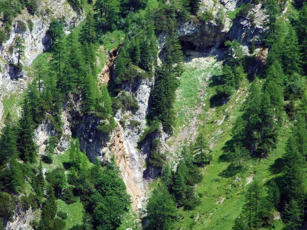 Rochas Pedras Maciço Montanhoso Dos Alpes Liechtenstein Sobre Vale Alpino — Fotografia de Stock