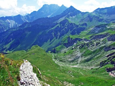 Liechtenstein Alpleri 'ndeki Naafkopf zirvesinden Gamperdonatal Alp Vadisi ve Avusturya Alpleri manzarası - Steg, Liechtenstein