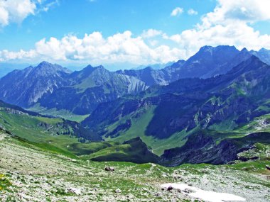 Liechtenstein Alpleri 'ndeki Naafkopf zirvesinden Gamperdonatal Alp Vadisi ve Avusturya Alpleri manzarası - Steg, Liechtenstein
