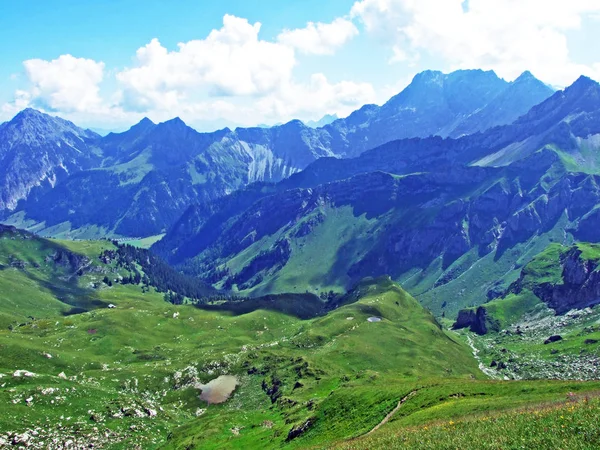 Alpské Vrcholy Augstenberg Gorfion Nad Alpským Údolím Saminatal Lichtenštejnsko Rakouských — Stock fotografie