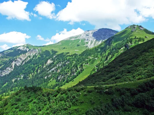 Cume Montanha Alpina Augstenberg Sobre Vale Alpino Saminatal Nos Alpes — Fotografia de Stock