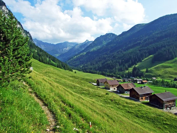 Mała Tradycyjna Alpejska Wioska Steg Dolinie Saminatal Sercu Alp Liechtensteinskich — Zdjęcie stockowe