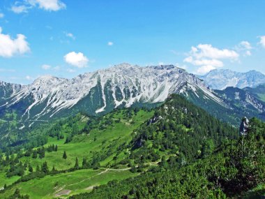 Valorschtal Alp Vadisi manzarası ve Lihtenştayn Alpleri 'nin zirveleri - Steg, Lihtenştayn