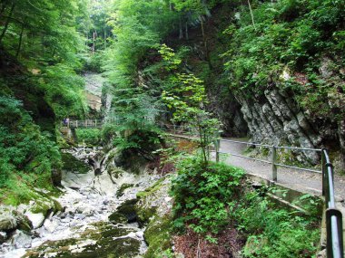 Obertoggenburg bölgesinde yaz kuraklığı sırasında susuz kalan nehir kanyonu (die Schlucht des Flusses Thur), Unterwasser - St. Gallen, İsviçre Kantonu