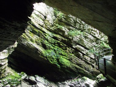 Thur Şelaleleri 'nin ya da Thurfaelle' in ya da Thur Nehri 'nin üzerindeki Thurfalle' ın kurak yaz kayalıkları Obertoggenburg bölgesi Unterwasser, İsviçre 'nin St. Gallen Kantonu.