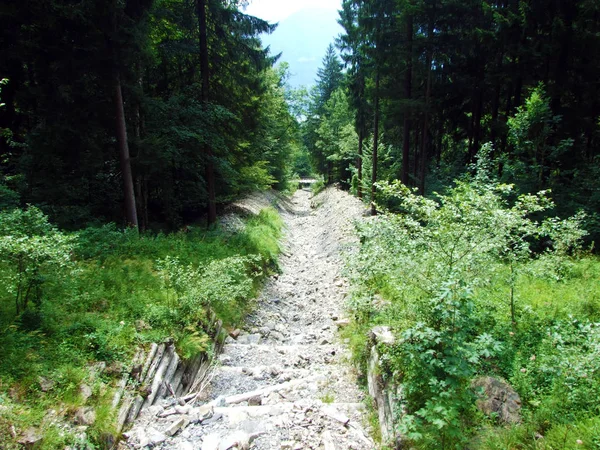 Suché Koryto Říčního Potoka Osadě Mainfeld Kanton Grisons Graubunden Nebo — Stock fotografie
