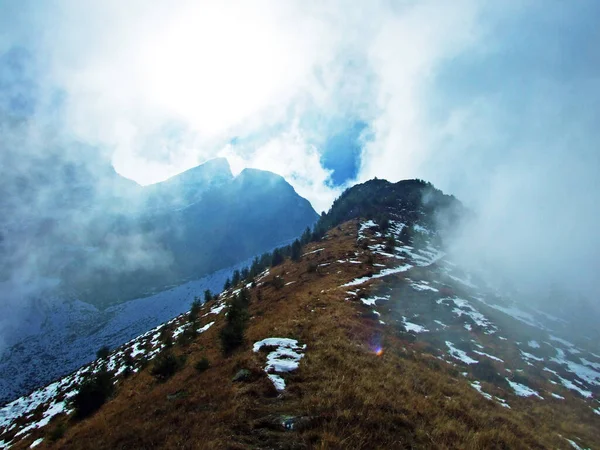 Unique mystical atmosphere through fog and clouds on the Ratikon border mountain massif or Raetikon Grenzmassiv, Mainfeld - Canton of Grisons (Graubunden or Graubuenden), Switzerland