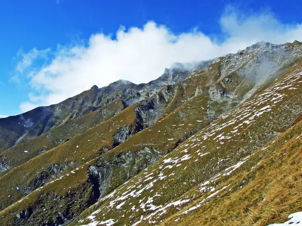 Grassige Berghellingen Onder Toppen Van Falknishorn Mazorakopf Het Bergmassief Ratikon — Stockfoto