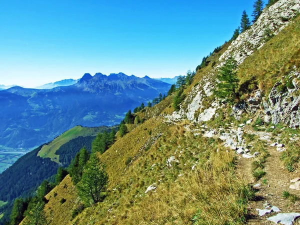 Marked hiking and walking trails on the Ratikon border mountain massif or Raetikon Grenzmassiv, Mainfeld - Canton of Grisons (Graubunden or Graubuenden), Switzerland