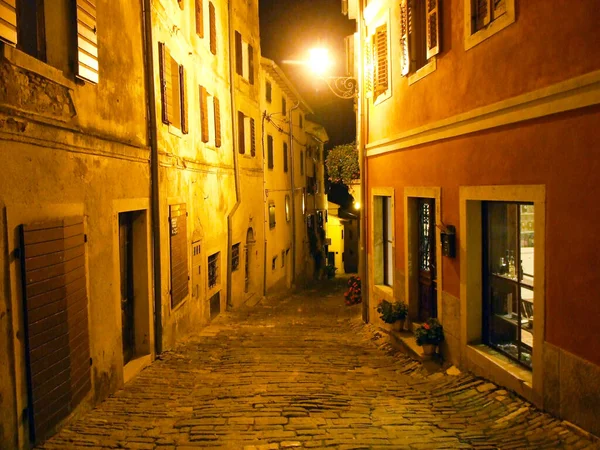 Motivo Nocturno Una Pequeña Calle Típica Casco Antiguo Motovun Istria — Foto de Stock