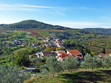 Mirna Nehri Vadisi manzarası ve eski Motovun kasabasından sonbahar sabahı sisi - Hırvatistan (Pogled na dolinu rijeke Mirne i jesenju jutarnju maglu sa starog grada Motovuna - Istra, Hrvatska)