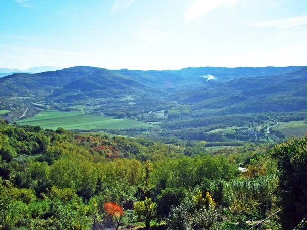 View Mirna River Valley Autumn Morning Fog Old Town Motovun — Stock Photo, Image