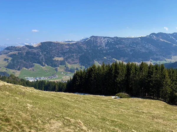 Alpesi Legelők Legelők Alpok Völgyében Környező Hegyekben Kora Tavasszal Einsiedeln — Stock Fotó